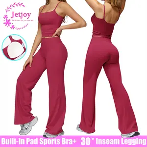 Jetjoy Workout Sets for Women 2 Piece, Basic Tank Top Spaghetti Straps Camisole+ 30'' Inseam Workout Leggings Womens No Front Seam Straight Leggings High Waist Gym Yoga Pants, Loose Casual Legging Yoga Pants Straight Leg Bottoms
