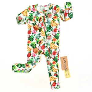Bamboo Zippy Pajama Tropical Fruit Print Sleepwear Loungewear for Babies Ultra Soft Breathable Hypoallergenic with Convertible Cuffs & Double Zipper