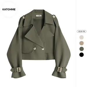 KatchMe Women's Commuter Solid Color Wide Lapel Collar Double Breasted Cropped Jacket, Outerwear Jacket for Fall & Winter, Elegant Blazer Outfits (US)