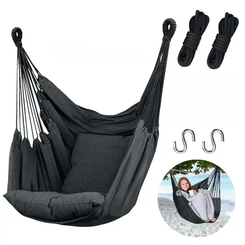 Adjustable Fabric Hammock Hanging Rope Swing - Dark Gray, Full-Lie Design, 300 Lbs Max Capacity, Quality Cotton Weave, 2 Pillows & Side Pocket, Lightweight, Easy to Carry, Ideal Gift for All Ages, Bedrooms, Patio, Outdoor Camping