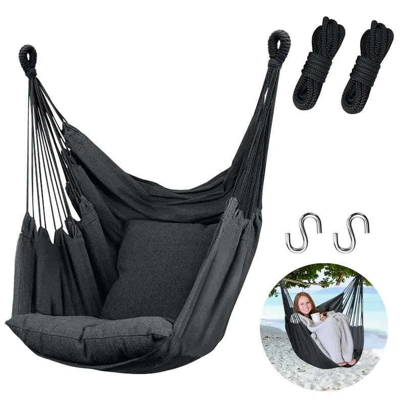 Adjustable Fabric Hammock Hanging Rope Swing - Dark Gray, Full-Lie Design, 300 Lbs Max Capacity, Quality Cotton Weave, 2 Pillows & Side Pocket, Lightweight, Easy to Carry, Ideal Gift for All Ages, Bedrooms, Patio, Outdoor Camping