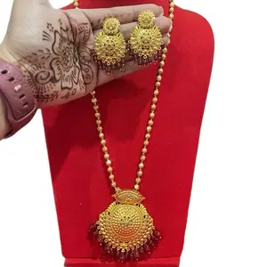 Nepali Traditional Ball Chain Red Beads Necklace with Matching Earrings Gold-Tone & Red Beads Design