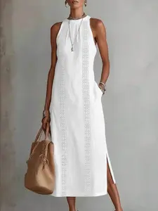 Summer Sleeveless Boho Dress, Loose-Fitting Hollow Out Side Split Long Dress, Casual Home Wear, Women's Comfortable Evening Dress，house dress, Chic