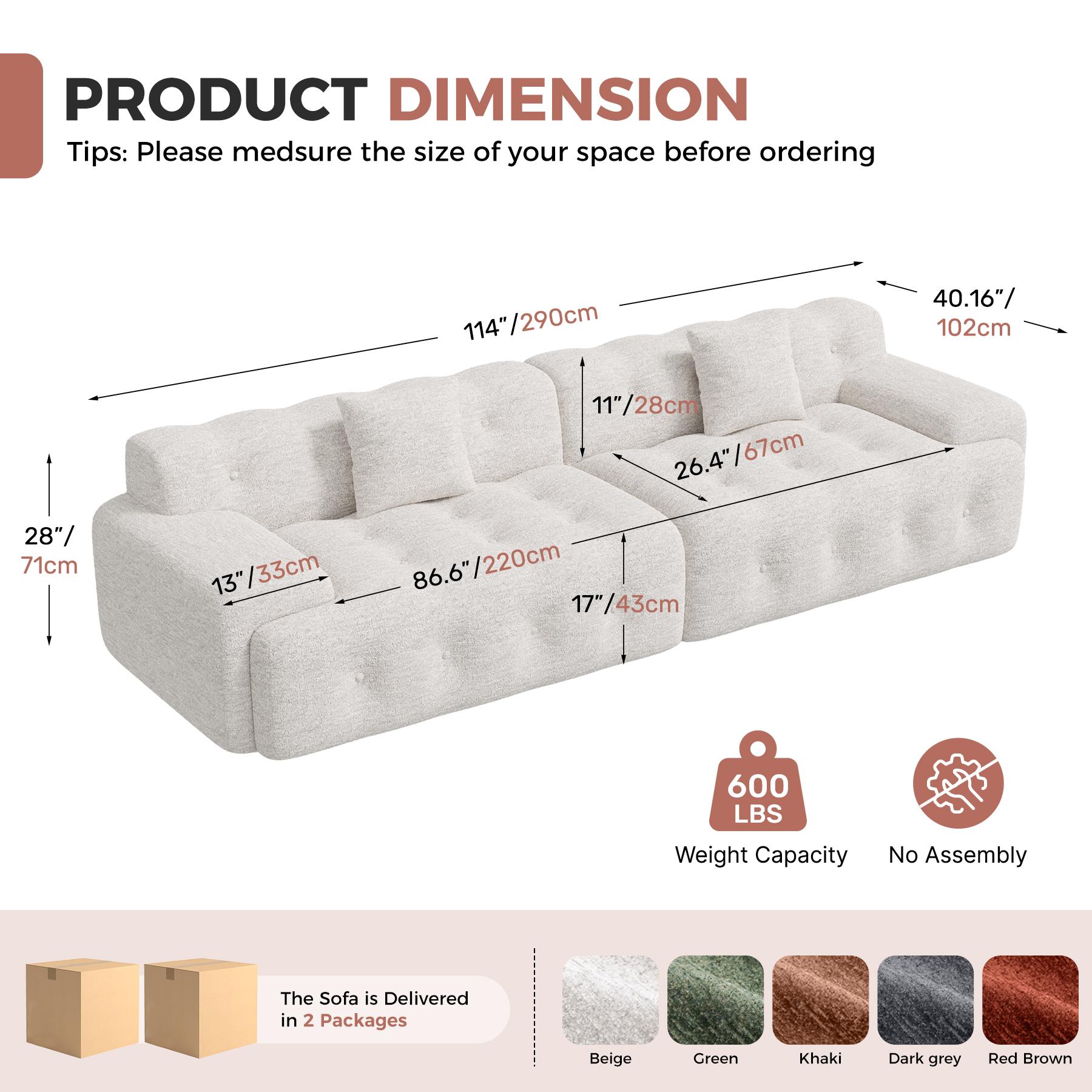 113" Modern Boneless Couches for Living Room, L Shaped Cloud Couch Sectional, Chenille Convertible Modular Sofa Set, No Assembly Required
