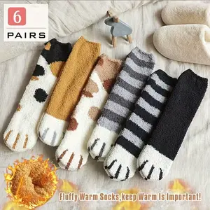 6 Pairs of Cute Cat Scratch Pattern Insulated Velvet Socks, with a Cute Design, a Must-Have for Autumn and Winter