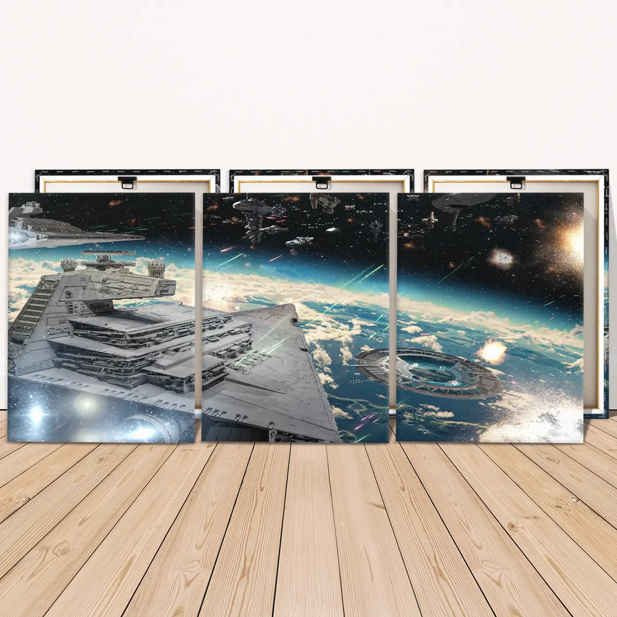 3 Counts Wooden Framed Canvas, Epic Galactic Battle Spaceship Scene, Space Theme Design, Exquisite Poster, Art Print, Living Room Decoration, Modern Home Decor, Modern Art, Wall Art Decoration, Creative Wall Art, Cool Wall Art, Waterproof Art