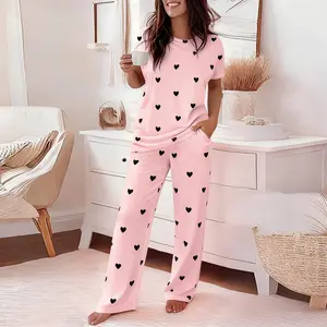 ChicMe Women's 2 Piece Sets Round Neck Short Sleeve Top & Ombre Print Loose Pants Matching Pajamas Sets Fit