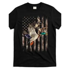 Vintage Duck Hunter American Flag Camouflage Hunting Shirt - All-season outdoor casual wear, featuring waterfowl and duck patterns, machine washable, comfortable crew neck, suitable for hunting parties, beach and sports - Black with soft brown tones, vint