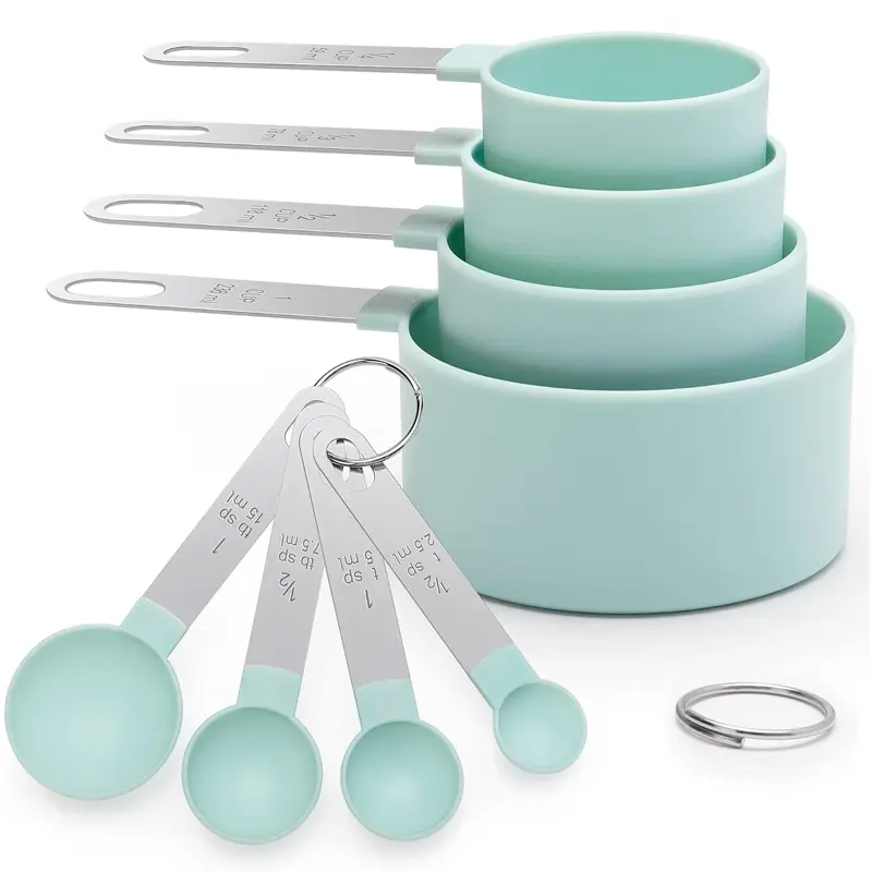 Detachable 8-Piece Nesting Kitchen Measuring Cups and Spoons Set, Stainless Steel Metal Handle Hanging Kitchen Utensils with Precision Metric Units, Plastic-Head Small Teaspoon for Coffee, Dry & Liquid Ingredients