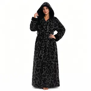 Hooded Wearable Blanket for Women, Leopard Print Plush Wrap with Waist Tie & Pockets, Cozy Full-Length Throw for Sofa, Bedroom, Gift