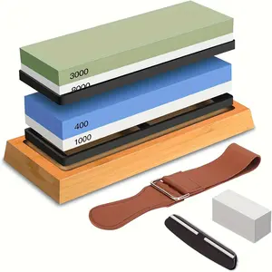 Newshark 6-Piece Sharpening Stone Set, Grains 400/1000/3000/8000, High-Quality Knife Sharpener, Bamboo Base, Angle Indicator, Leather Strap
