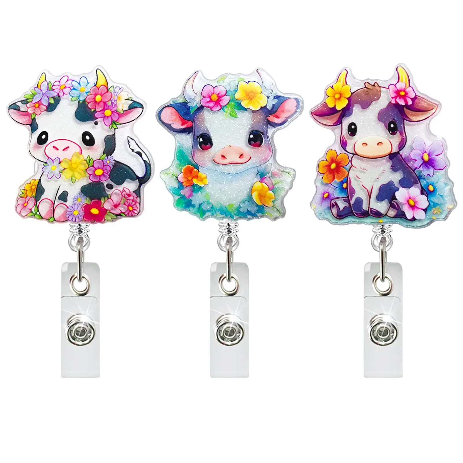 Cute Cow Design Badge Holder, 1 Count Flower Decor Retractable Badge Reel with Clip, Identification Badges & Supplies for Office Staff Teacher Doctor
