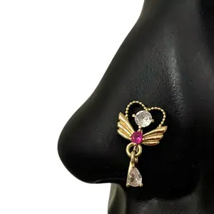 Dangle Heart with Wings Nose Stud in Surgical Steel 20 Gauge L-Shape 7mm x 4mm Hypoallergenic with Case and Pouch