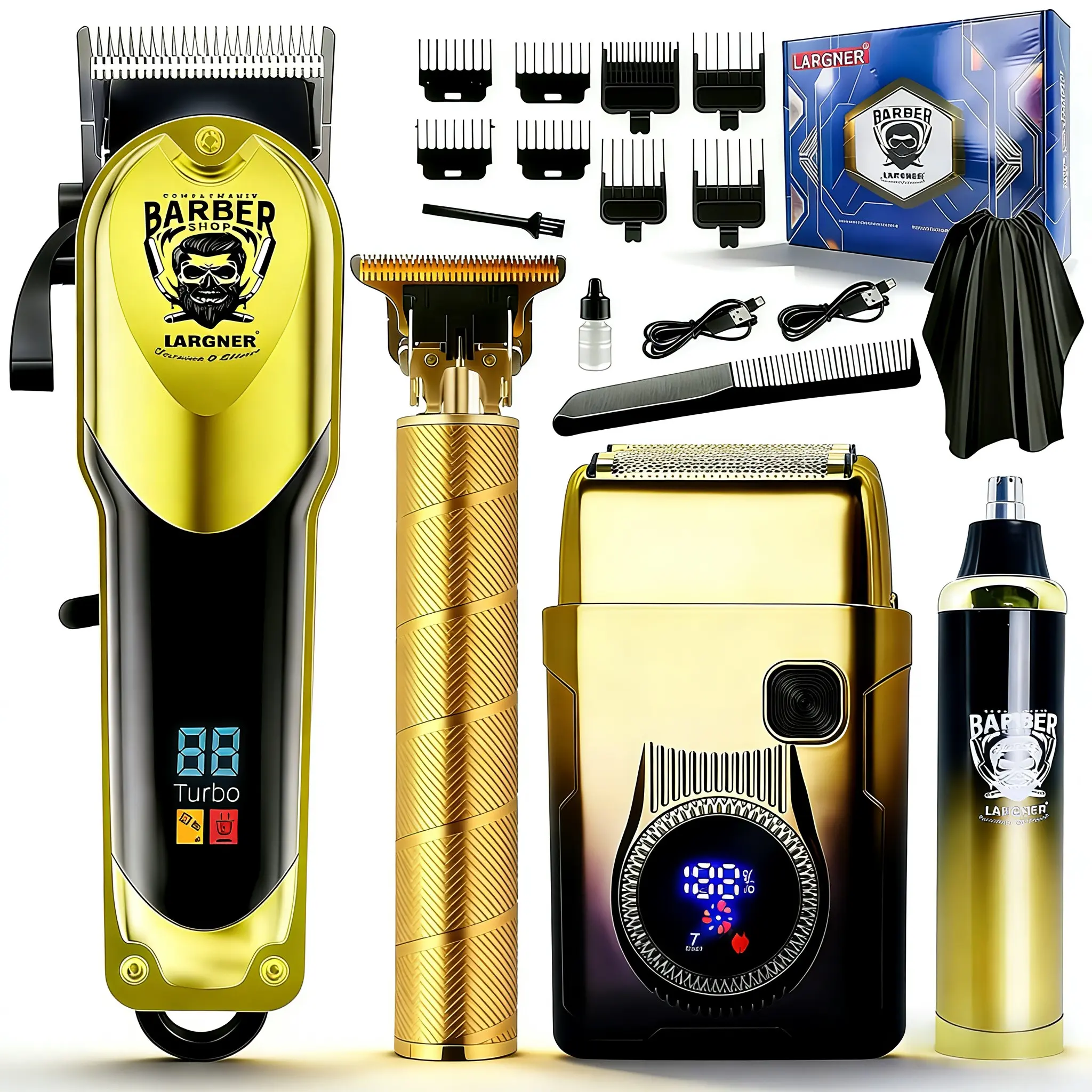 Men's Professional Hair Clippers Set, Cordless Beard Trimmer & Electric Shaver, Rechargeable 4-Piece Kit with LED Display, Cordless Barber Trimmer, Cordless Trimmers Kit