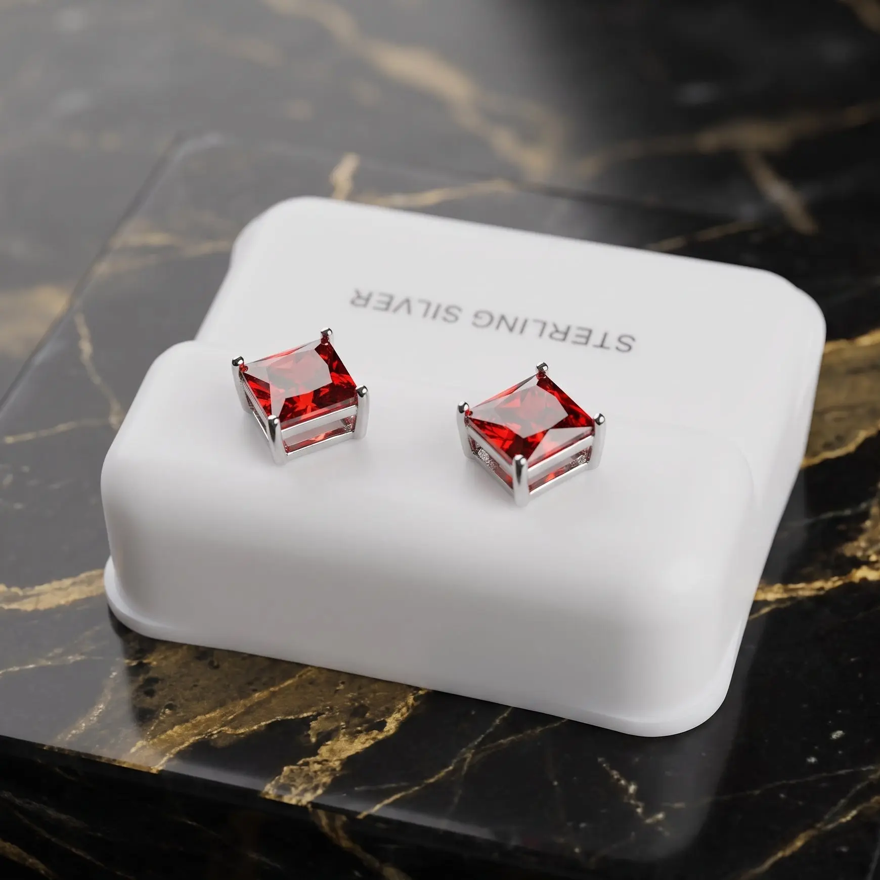 Ruby Red Cz Earrings Square Princess Cut 925 Sterling Silver