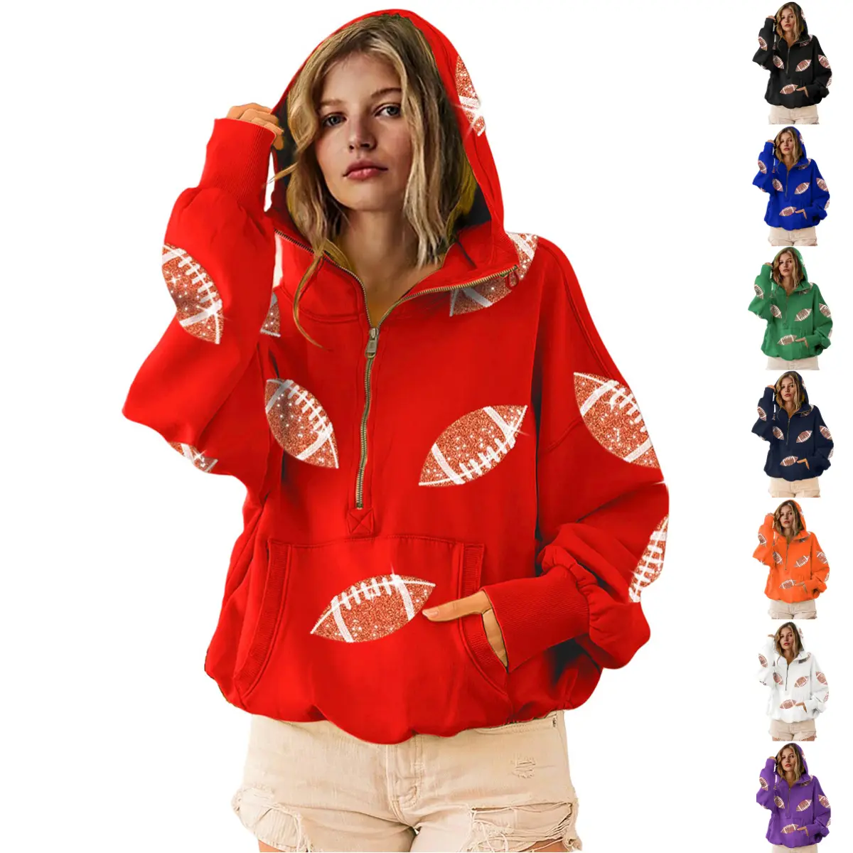 SCUSTY Womens Game Day Sweatshirts Football Sequin Hoodies Tailgate Outfits Long Sleeve Zipper Sweaters with Pocket