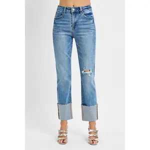 RISEN Full Size High Rise Ankle Straight Wide Cuffed Jeans Plus Size