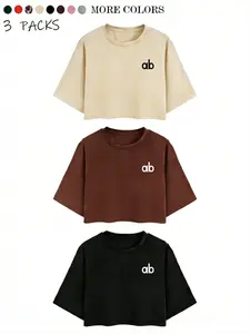 Women's Casual Loose-Fitting 3-Piece Set, Multicolor Short Sleeve T-Shirt, Round Neck, Drop Shoulder, Soft Knit Fabric, Versatile Wear