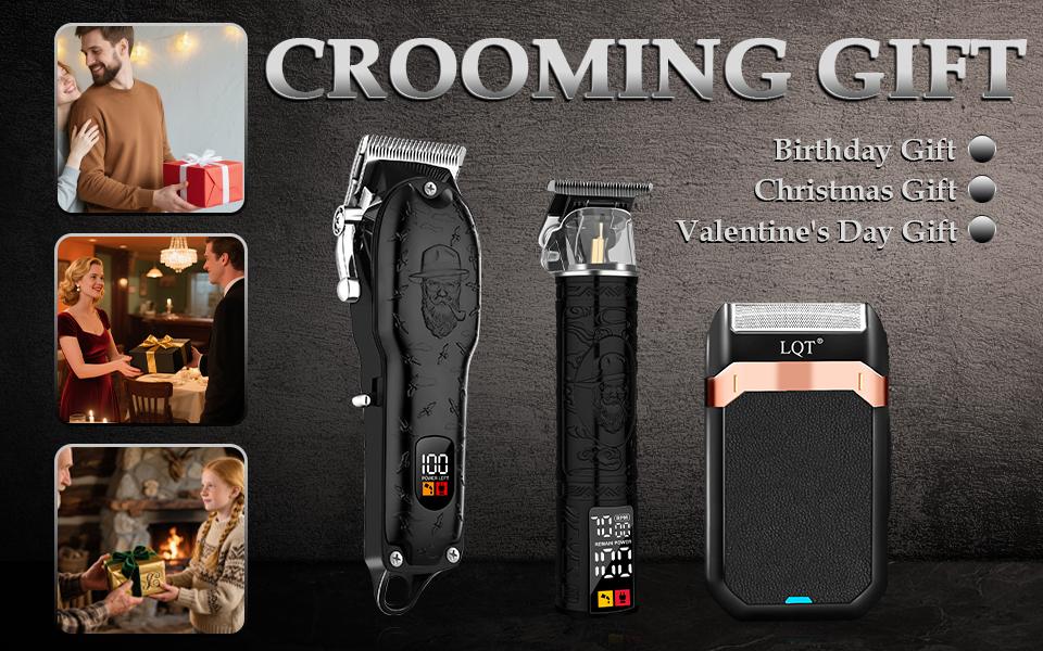 LQT Vintage Beard Embossed 3-in-1 Men's Grooming Kit, Cordless Hair Clipper with LCD Display, RPM Monitor T-Blade Trimmer & Electric Shaver, Complete Rechargeable Barber Set with Full Accessories for Home Salon, Fades, Edges & Beard Shaping