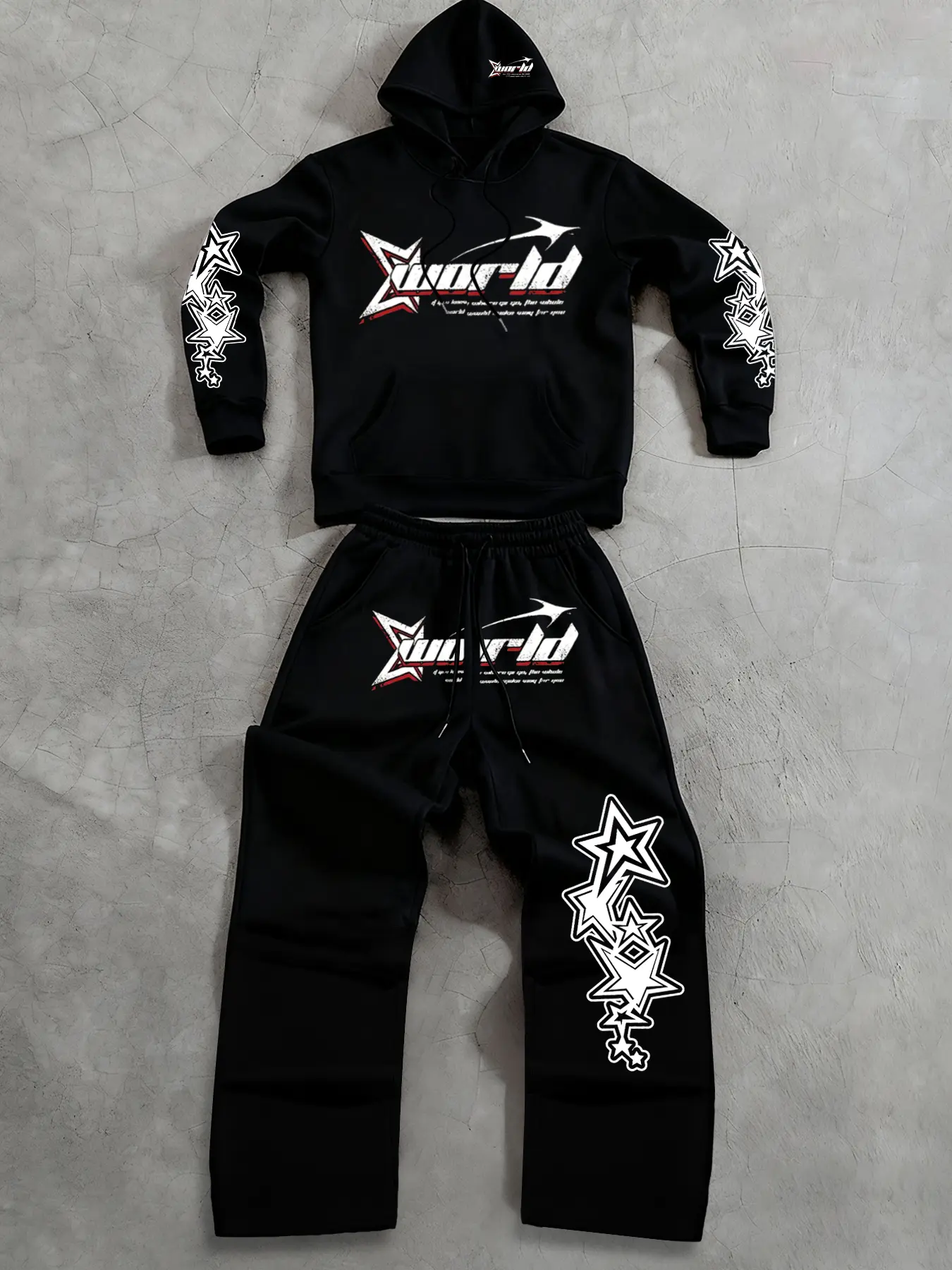 Men's Star Pattern Letter Print Hooded Sportswear Set, Comfortable Drawstring Pants, Casual Loose Fit, Fall & Winter Wear