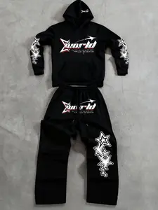 Men's Star Pattern Letter Print Hooded Sportswear Set, Comfortable Drawstring Pants, Casual Loose Fit, Fall & Winter Wear