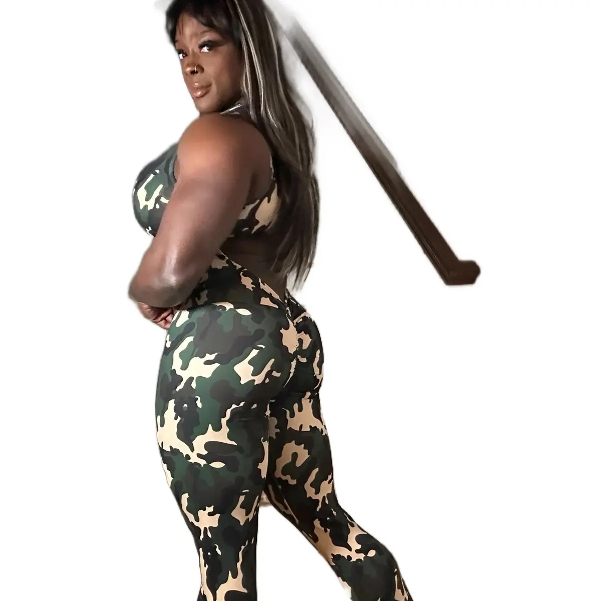 Green Camouflage Jumpsuit with Open Back and Cut Out Stomach for Women - Pants, Clothing Workout