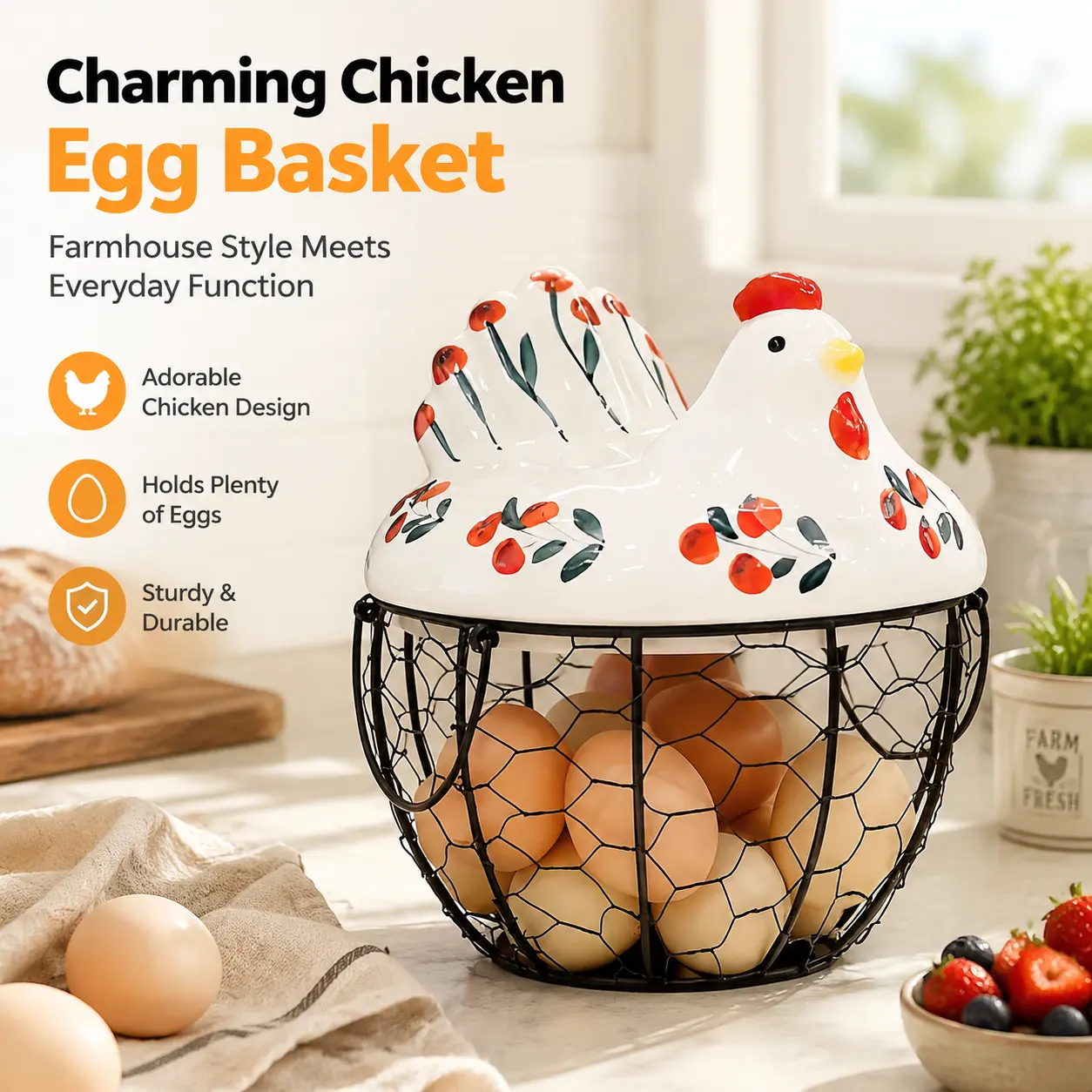 iron egg basket with lid farmhouse kitchen storage organizer durable chicken egg holder rustic countertop decor fruits keys small items multipurpose basket vintage style wire egg crate countertop organization farmhouse decor accessories