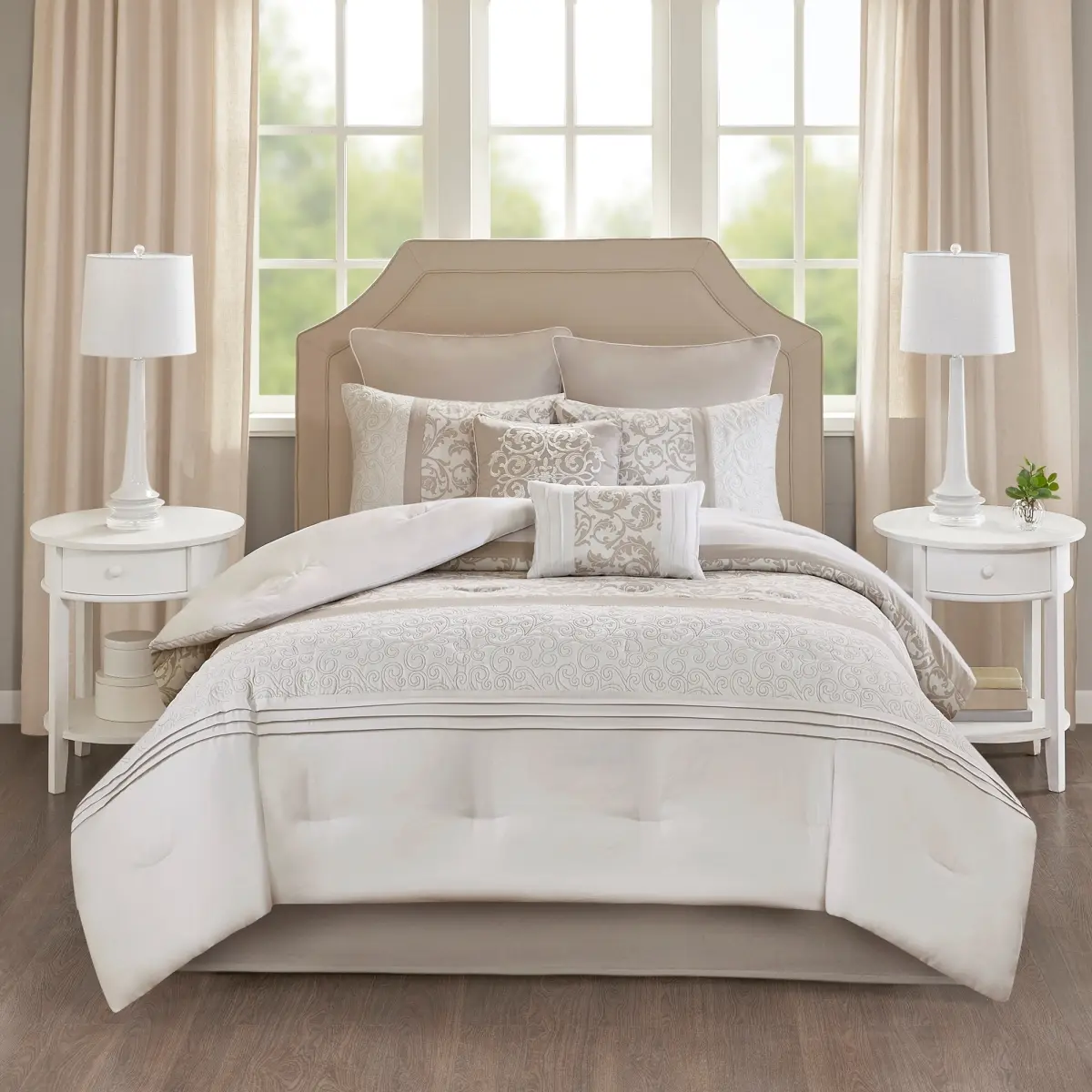 212 MAIN 510 Design 5DS10-0048 Lynda Embroidered King Size Bed Comforter Set - 8-Piece Neutral Soft Microfiber Bedding Set with Bed Skirt & Embroidered Detail, Bed Skirt Set