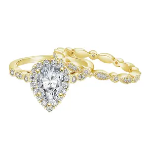 EAMTI 14K Gold Plated Bridal Ring Sets 1.25CT Teardrop CZ Engagement Vintage Pear Promise Rings Marquise Wedding Bands for Women
