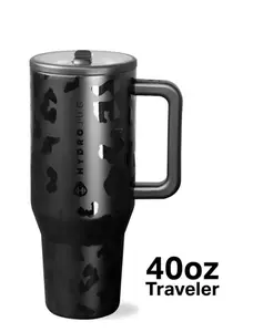 HydroJug Traveler 40 oz Water Bottle, Stainless Steel Insulated Tumbler with Flip Straw and Handle - Black Leopard