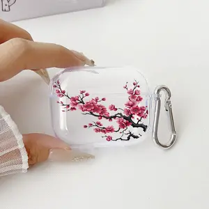 Blossoming Cherry Branch Pattern TPU Soft Protective Case for Apple AirPods 4/3/2/1/Pro/Pro2 Transparent Earphone Cover with Keychain Attachment