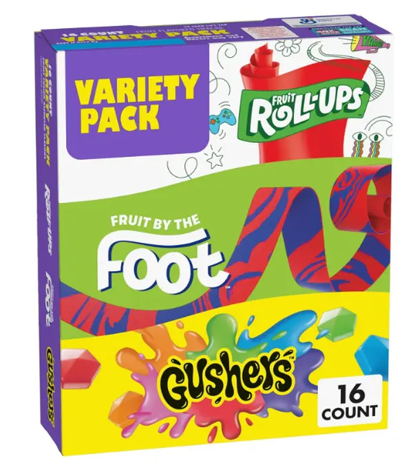 Fruit Roll-Ups, Fruit by the Foot and Gushers Fruit Flavored Snacks Variety Pack, Gluten Free, 16 Pouches, 10.2 oz