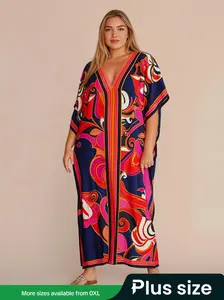 Plus All Over Print Batwing Sleeve V Neck Multicolor Kaftan Dress, Summer Clothes Women, Comfort Womenswear, Boho Casual Half Sleeve Cover Up Dress for Summer Holiday Vacation, Women's Clothing for Beach Wear, Bohemian Boho Fashion