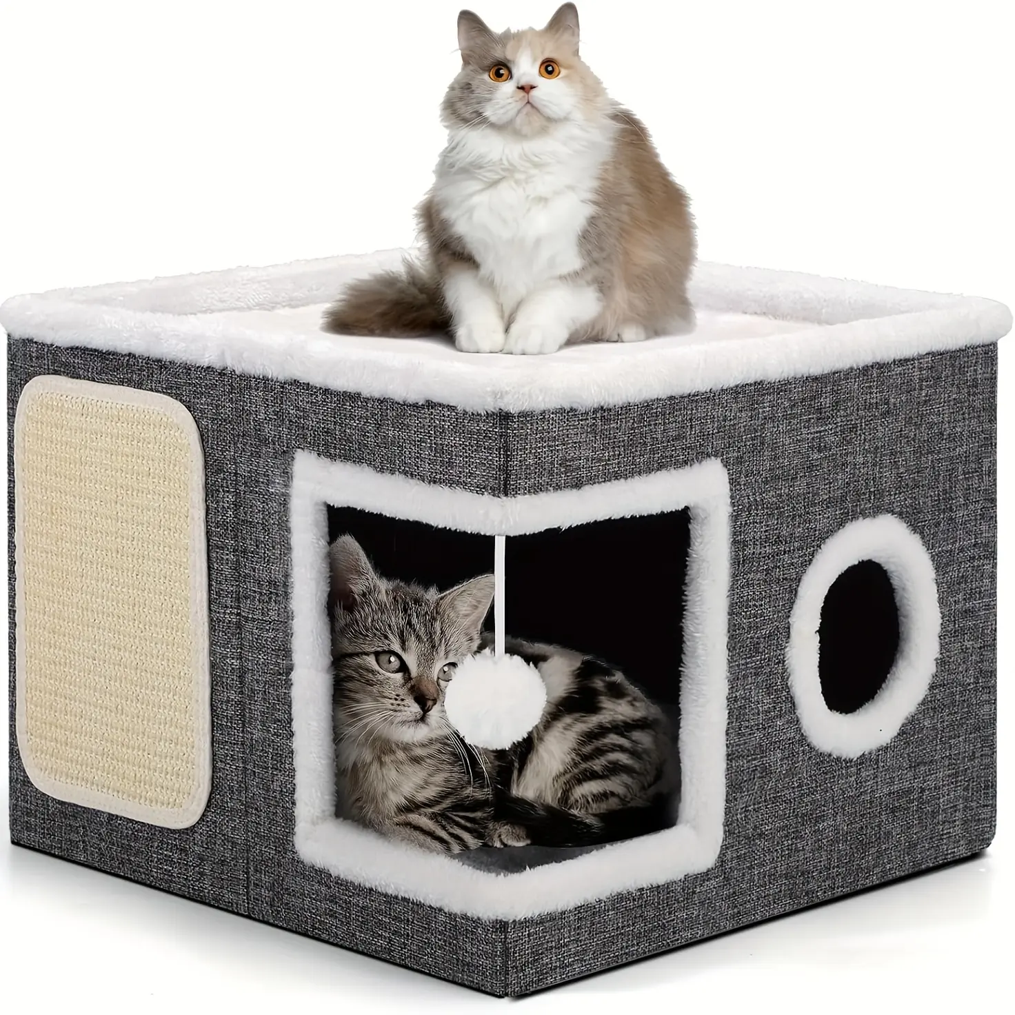 4-in-1 Foldable Cat House Villa - Luxury Indoor Cat Condo with Scratch Pad & Reversible Cushion cat stuff for indoor Multi-functional Pet Hideaway