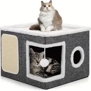 4-in-1 Foldable Cat House Villa - Luxury Indoor Cat Condo with Scratch Pad & Reversible Cushion cat stuff for indoor Multi-functional Pet Hideaway,summervibes
