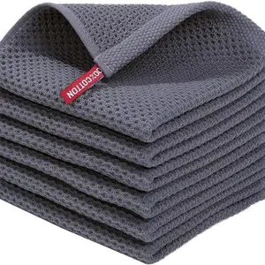100% Cotton Waffle Weave Kitchen Dish Cloths, Ultra Soft Absorbent Quick Drying Dish Towels, 12 x 12 Inches, 6-Pack, Dark Grey