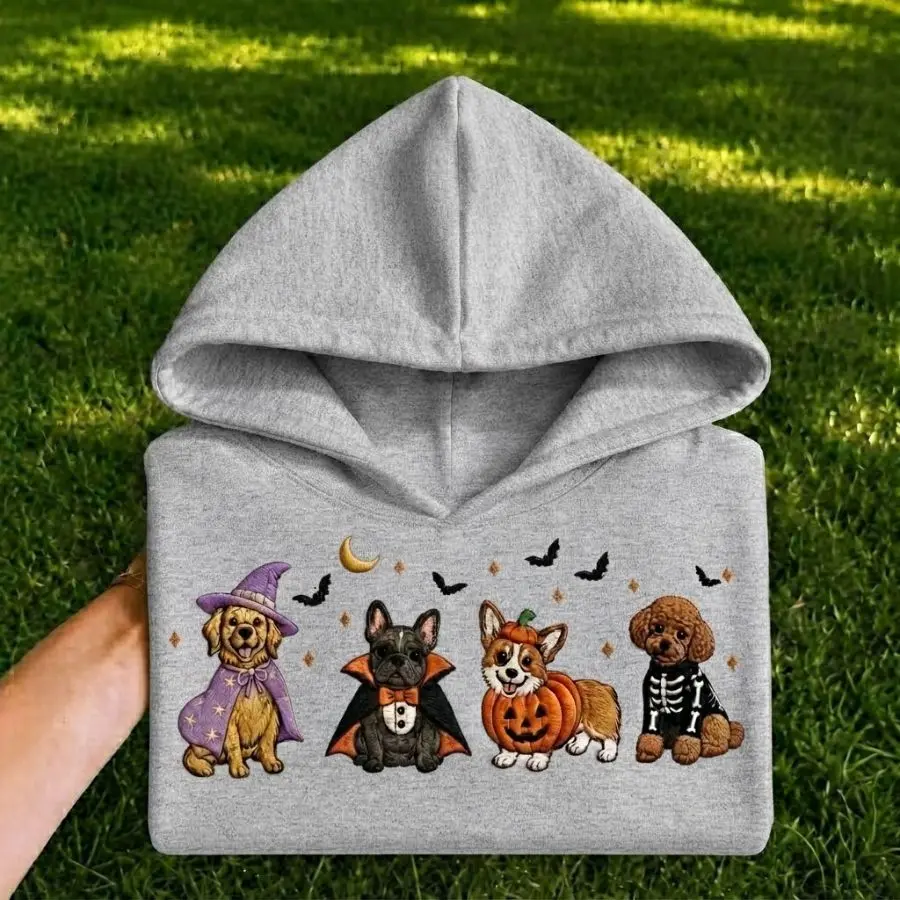 Halloween Dog Hoodie for Women, Cute Costume Puppy Graphic Sweatshirt, Spooky Season Fall Pullover, Dog Lover Gift