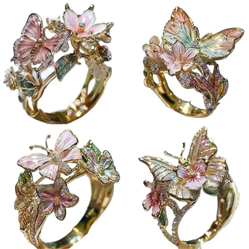 Women's Adjustable Color Drip Butterfly Open Ring - Graphic Vibrant Butterfly Flower Decor, Compact & Lightweight Fit, Funky Artist Style, Festival Wear, Cute Rings for Women, Everyday Boutique Costume Jewelry Gift
