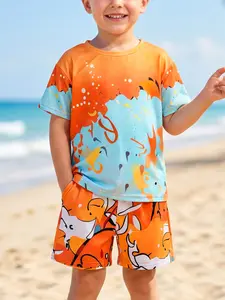 2 Piece Boys Summer Graphic Outfit Crew Neck T Shirt and Matching Print Shorts with Pocket Casual Beach Travel Set