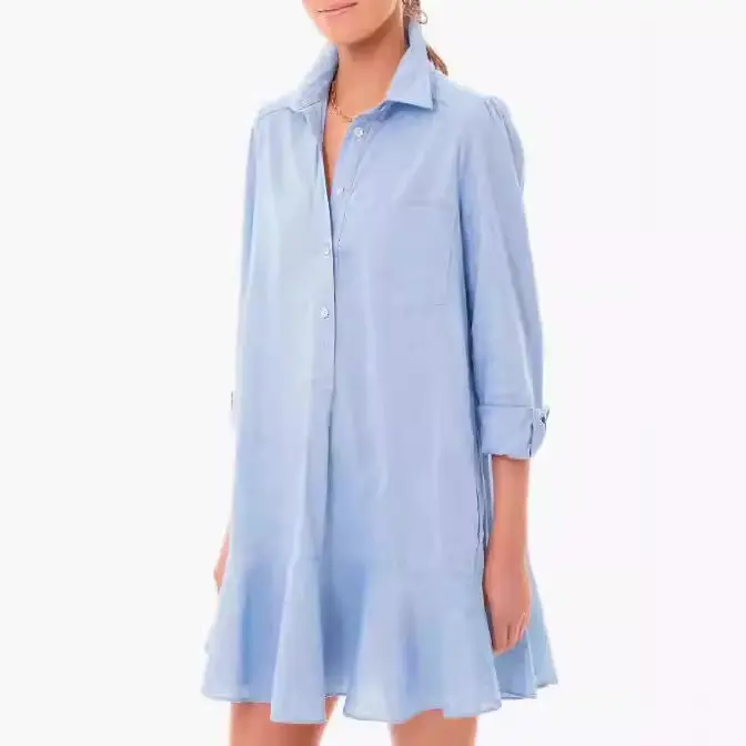 Spring and summer popular pure cotton dress with front chest pocket, long sleeve shirt and ruffled hem pleat swing mini dress