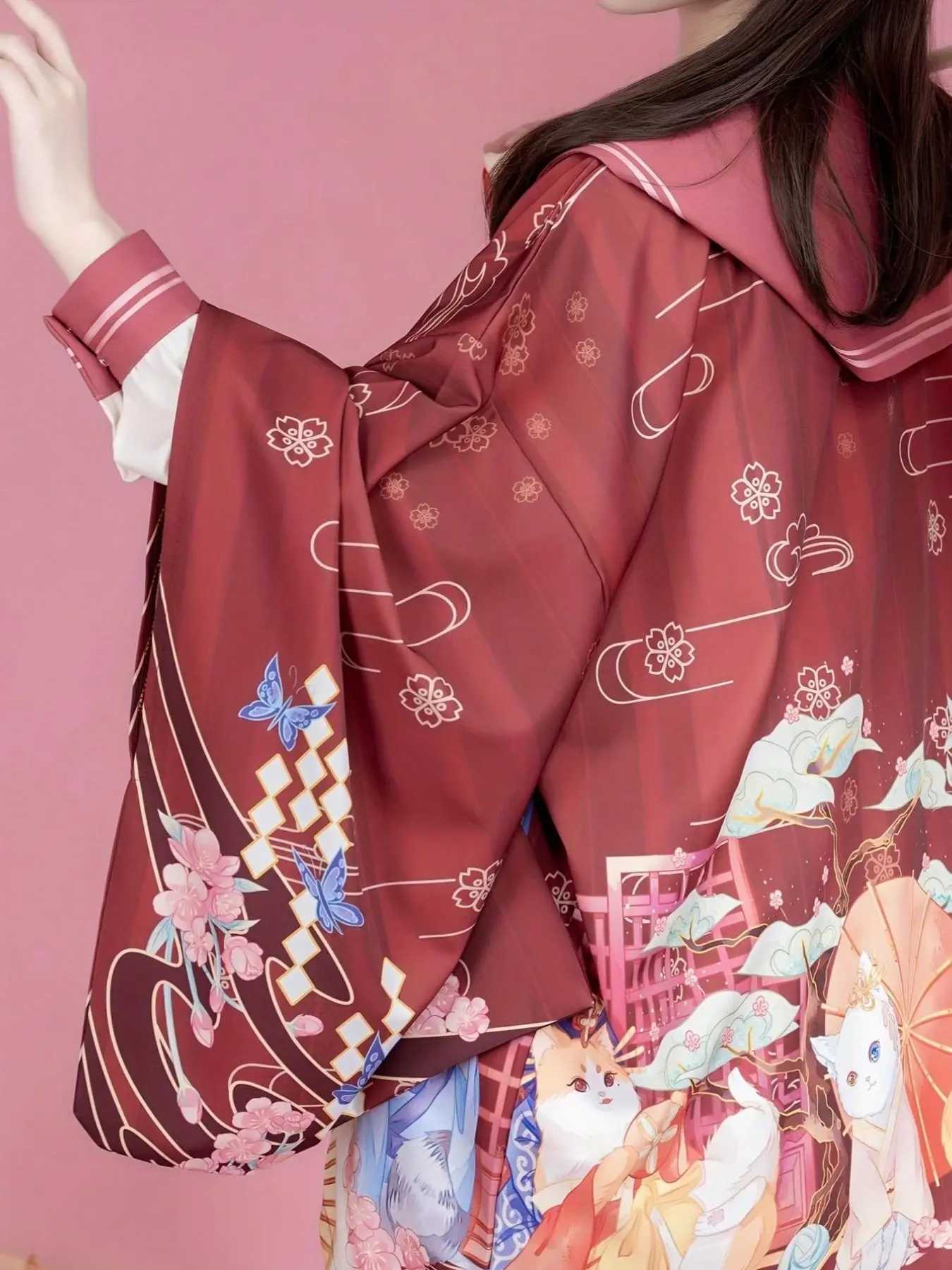 Japanese Style Thin Coat, Cosplay Anime Kimono, Lolita Bathrobe, Traditional Korean Festival Jk Costume, Seven-Sleeve Shawl Jacket, Aesthetic Print Outerwear, Women