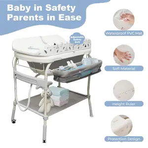 2 In 1 Safety Collapsible Baby Bathtub With Changing Table,Waterproof Diaper Changing Station Portable Travel Cute Care Baby Tub,Adjustable Height Nursery Organizer With Storage Racks For Newborn Infant Toddler Mom