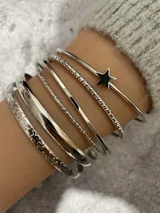 6pcs Minimalist Pentagram Bangle Bracelet Set For Women, Suitable For Daily Wear