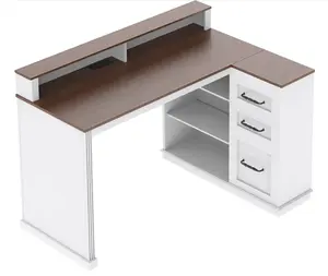 YATINEY Farmhouse Executive Desk, L Shaped Computer Desk with Power Outlets and LED Lights, Home Office Gaming Desk with Drawers and Monitor Stand, for Living Room, White and Walnut