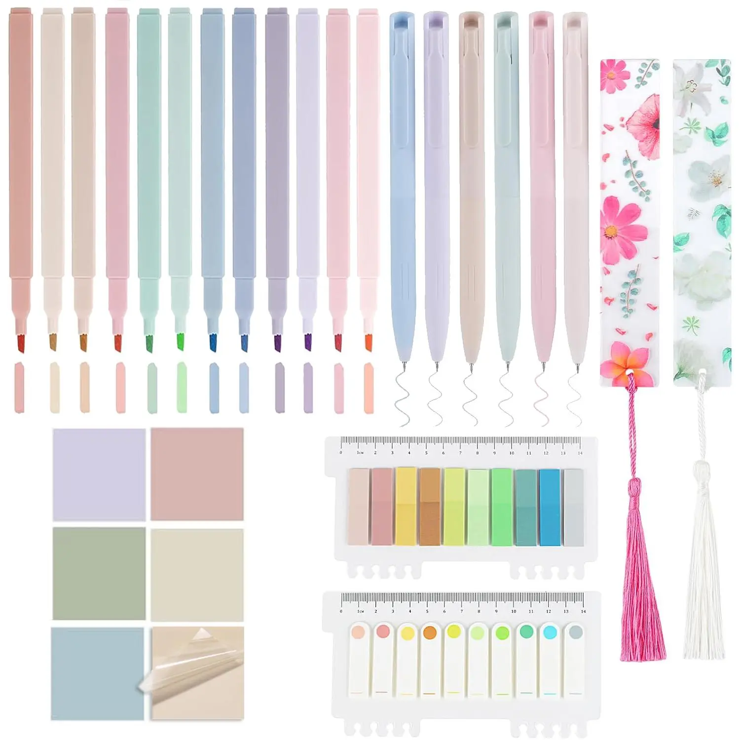 Aesthetic Study Supplies Journal Kit, 1 Set Pastel Highlighter Pens & Tabs & Bookmarks, Cute Colorful Bible Highlighter Pens, Sticky Notes Index Maskers, Office Stationery Supplies