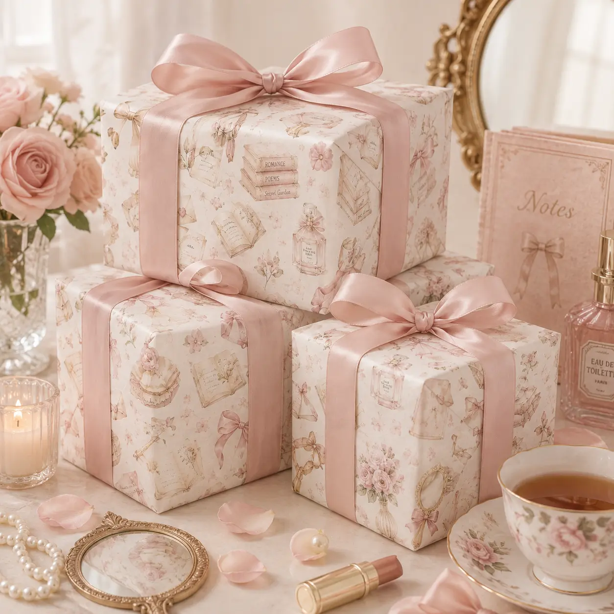 Pink Coquette Aesthetic Gift Wrapping Paper Sheet - Romantic Floral Ribbon Perfume Watercolor Gift Wrap for Birthday Anniversary