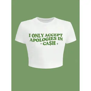 Women's " I Only Accept Apologies in Cash " Slogan Print Round Neck Crop Tee, Graphic Print Top, Casual Short Sleeve Crew Neck T-shirt for Daily Wear, Ladies Clothes for All Seasons