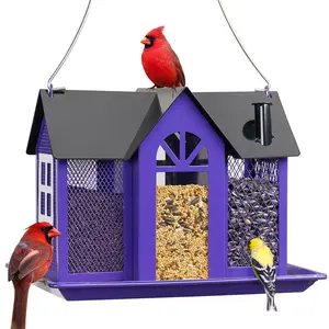 Bird Feeder House for Outside, Metal Mesh Wild Bird Feeder with Triple Feeders for Finch Cardinal Chickadee, Large Capacity, Weatherproof and Durable, Purple