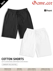 2PCS GAME.ACE Casual Cotton Shorts, Soft Breathable Elastic Waist Drawstring Shorts, Black & White Basic Lounge & Workout Shorts, Skin-Friendly Versatile Unisex Shorts, Ideal for Daily Wear & Casual Activities