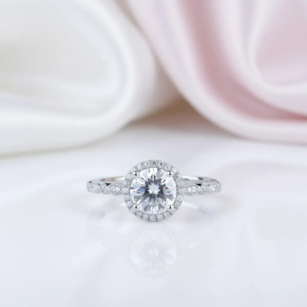 14k White Gold 1.2 Ct Round Cut Diamond Option VVS1 Halo Engagement Ring